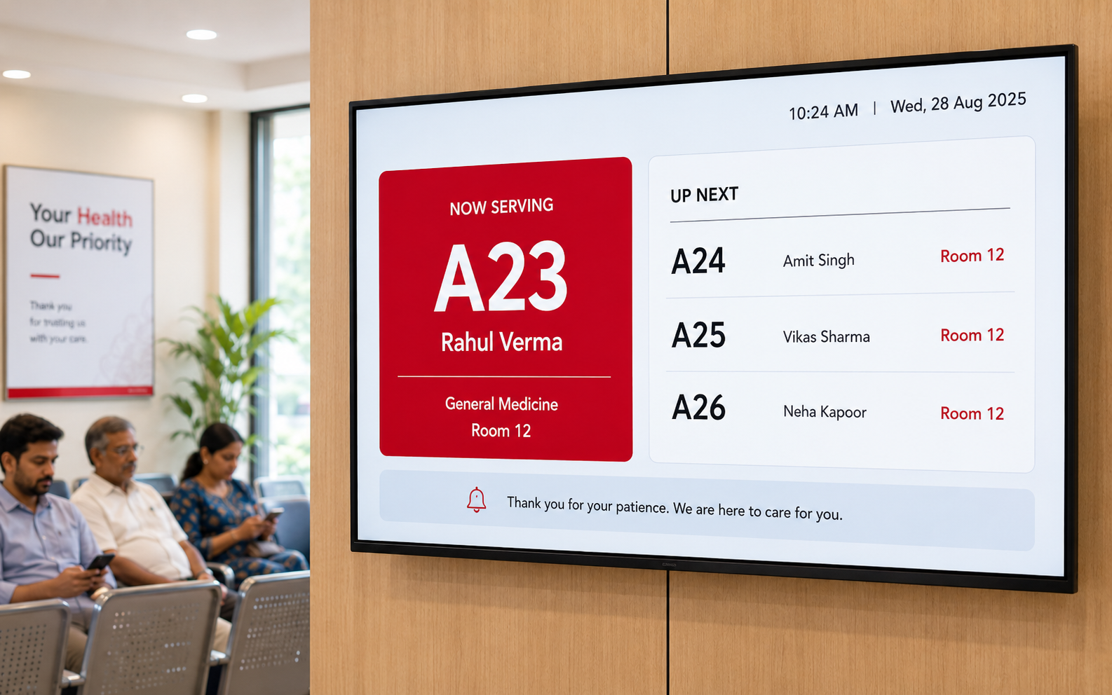 Waiting-room screen showing the now-serving token and the next three patients with room numbers